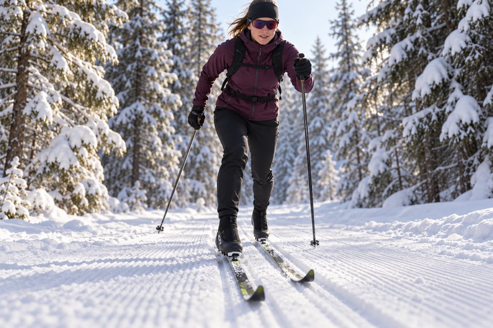 Illustrasjonsbilde laget med KI: en skiløper går klassisk i et oppkjørt spor i snødekt granskog, med Alpina T10