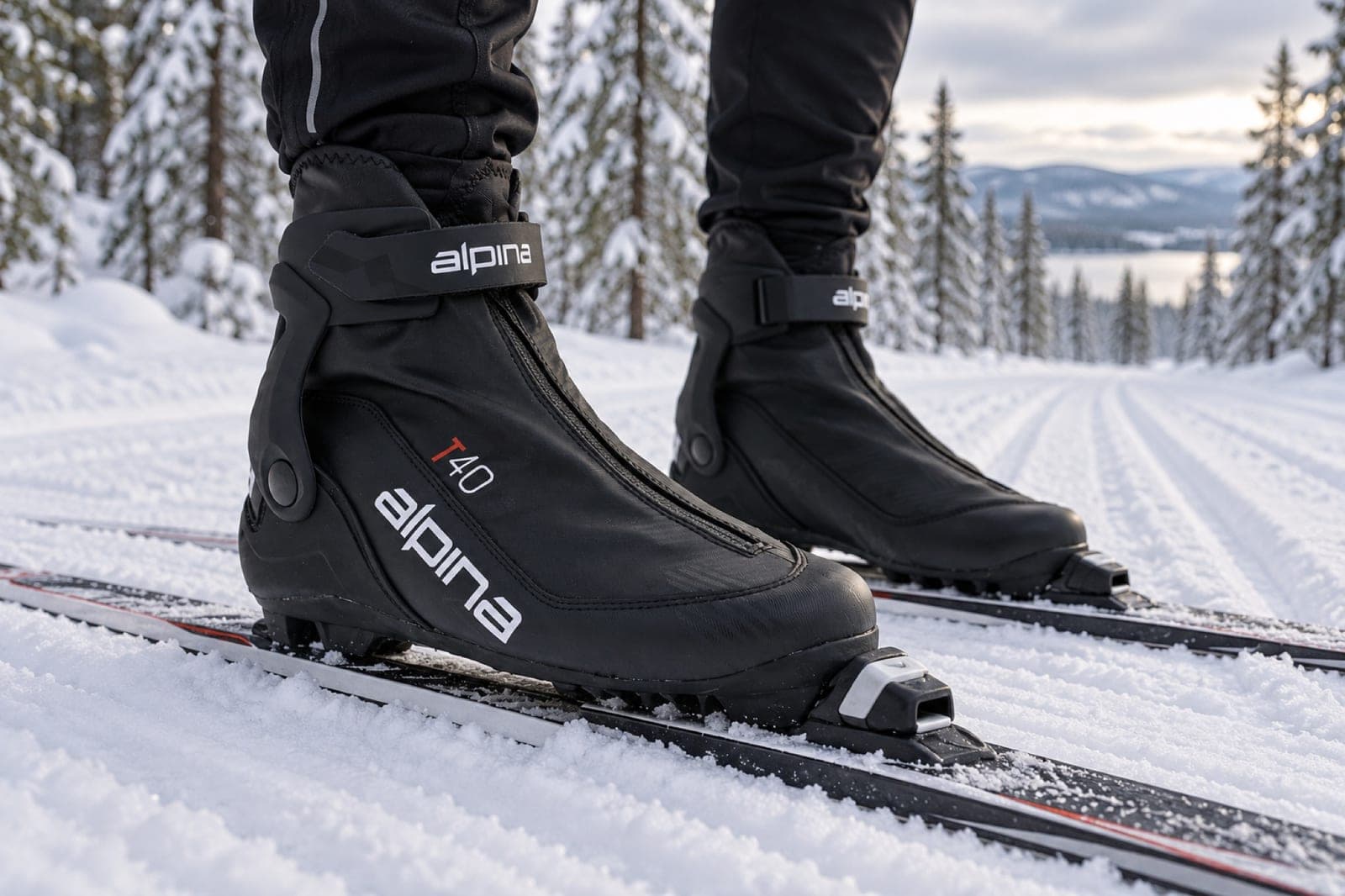 Illustrasjonsbilde laget med KI: et par Alpina T40 i bindingene på et par ski, sett skrått forfra