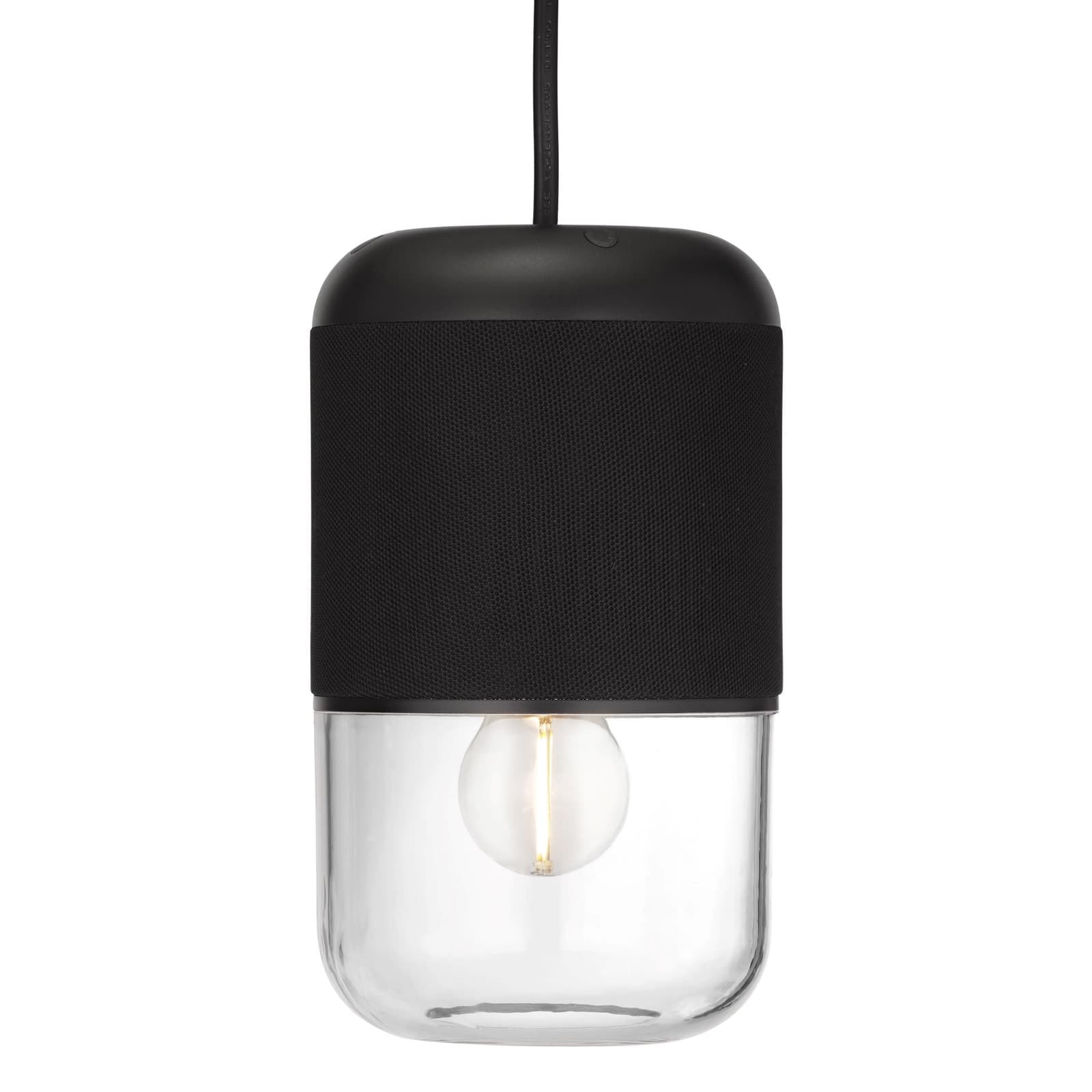 LEMUS Life i svart med liten tent pære bak klart glass